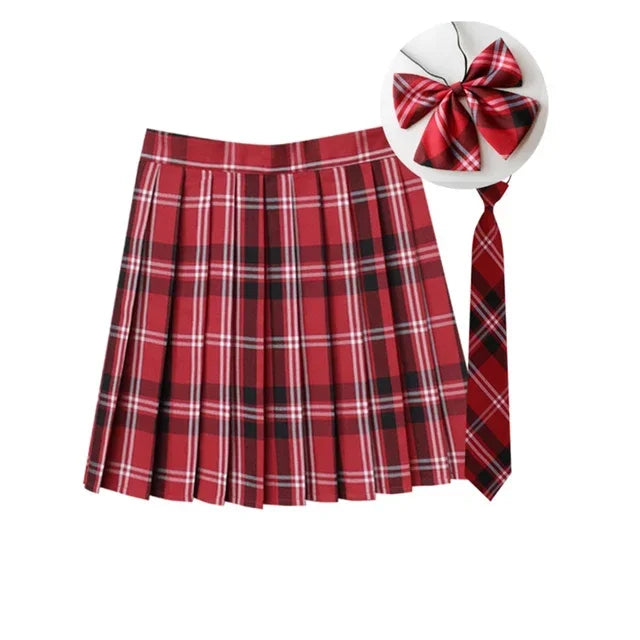 Women Summer Plaid Pleated Skirt With Necktie Bowtie Korean Jk Skirt Uniform Japanese School Preppy A Line Mini Skirts