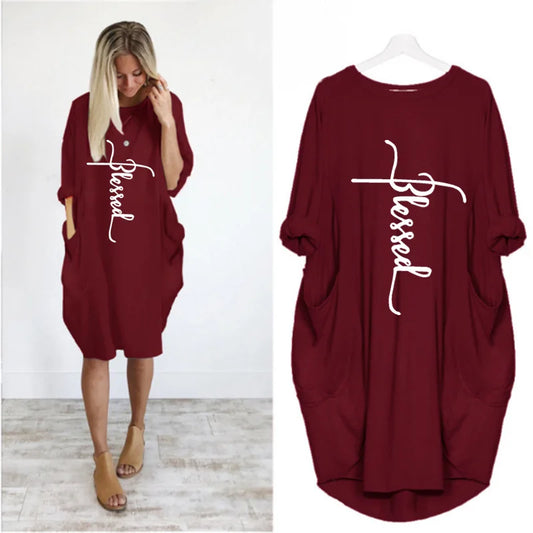 Plus Size Women Short Sleeve O-Neck Loose Casual Dresses Casual Short Sleeve Shirt Mini Dresses Round Neck Pockets Sexy Female T