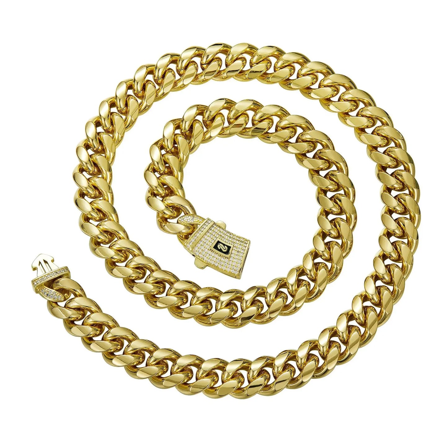 6-14mm Bling Gold Color Stainless Steel Cuban Miami Chains Necklaces CZ Zircon Box Lock Link Chain for Men Hip Hop Rock jewelry