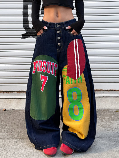 American Retro Alphanumeric Cartoon Printed Button-Down Design Cocoon Jeans, Y2K Street Hip-Hop Fashion Versatile Wide-Leg Pants For Women