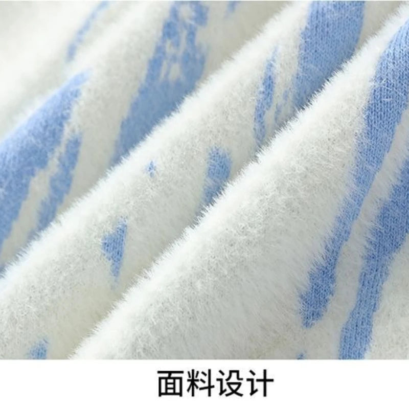 Winter Men's Thickened Fleece Sweater Irregular Jacquard Pattern Casual Round Neck Pullover Tops Striped Soft Knitted Sweaters
