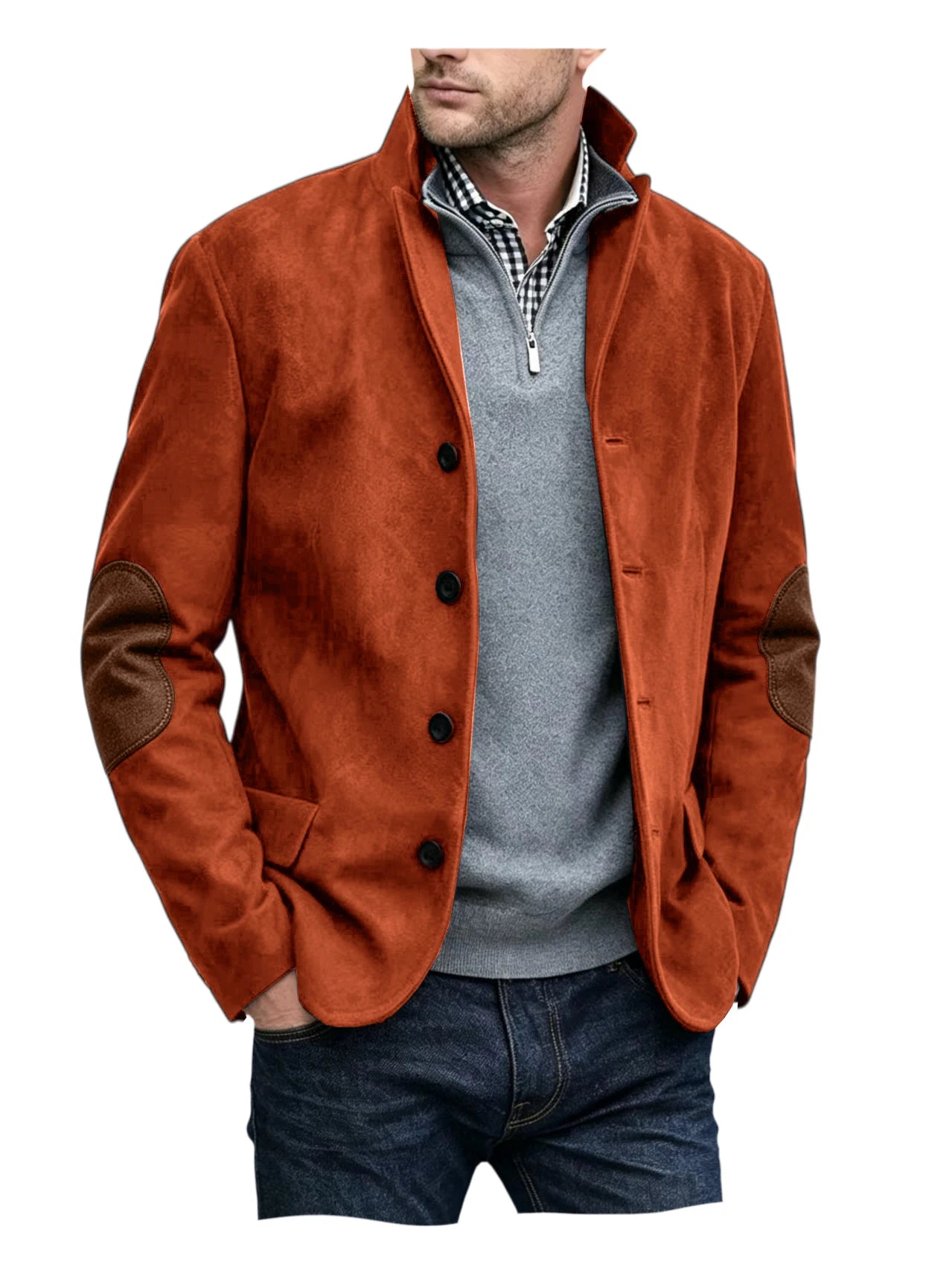 Vintage Men's Suede Blazer Notch Lapel Elbow Patches Slim Fit Jacket Business Casual Men Fashion Outerwear for Spring Autumn