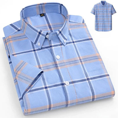 New in Shirt Plus Size 14XL Fashion Summer 100%Cotton Oxford Plaid Short Sleeve Shirt for Man Designer Office Elegant Clothes