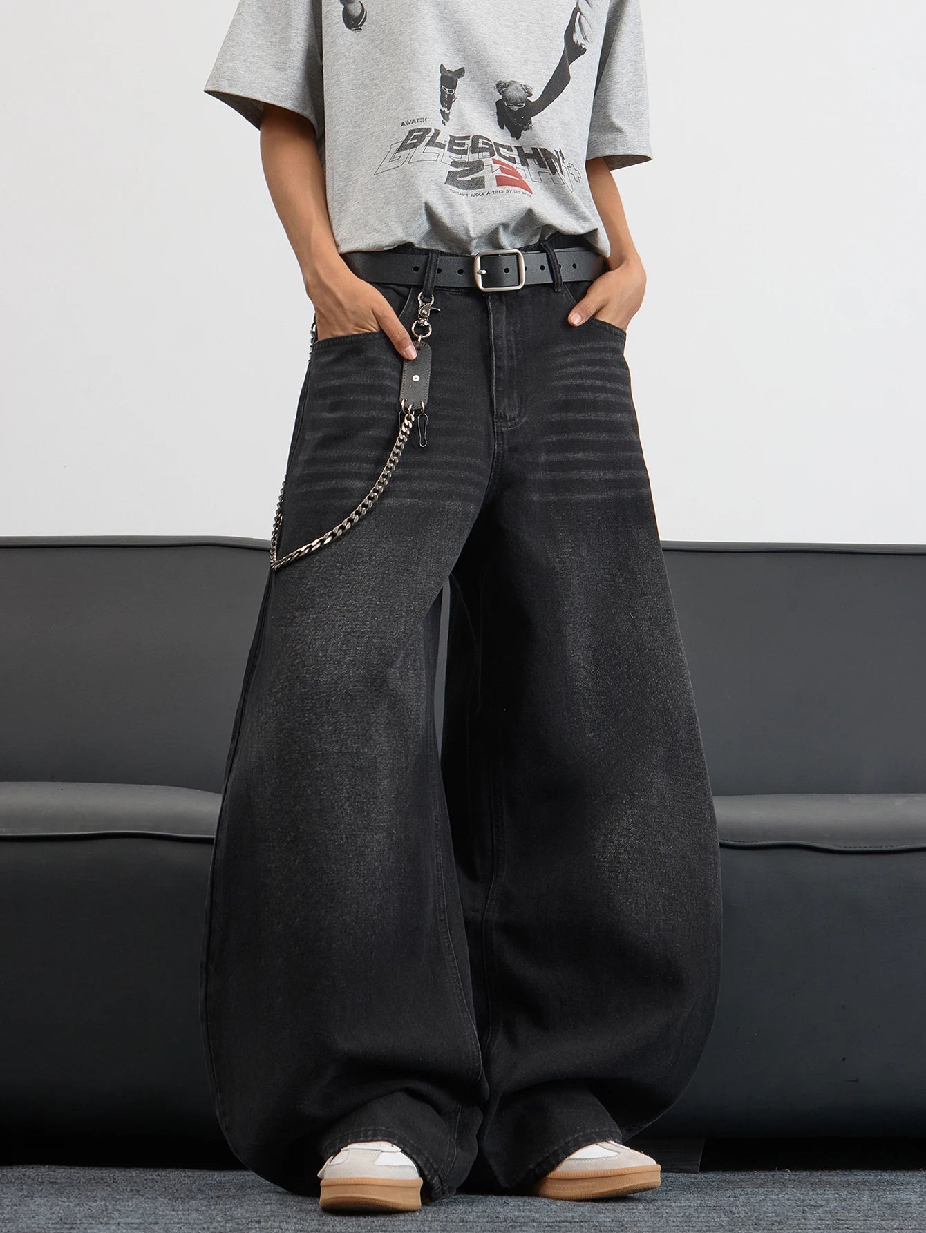 UP.THE Men's Black Baggy Wide Leg Jeans, Y2K Hip Hop Streetwear Denim Pants with Back Embroidery,