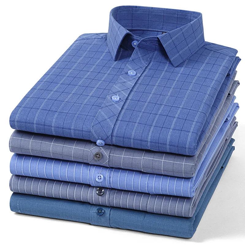 Bamboo Fiber Mens Business Shirt Long Sleeve Casual Plaid Print Stripe Fashion Anti-Wrinkle Button Up Social Oversized S-7XL 5XL