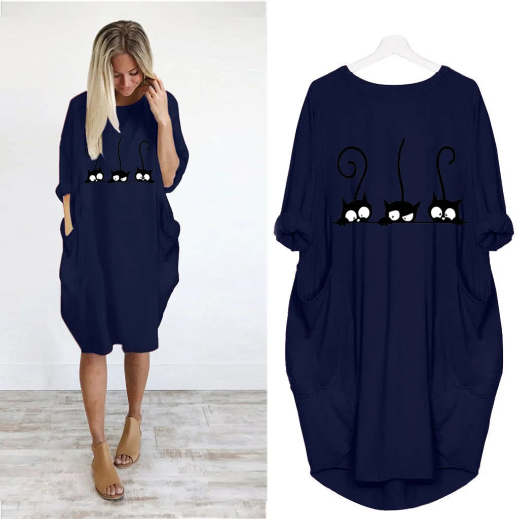 Women's Loose  Long Sleeved Summer Plus Size Dress Autumn  Winter Casual Round Neck Solid Color Long Sleeve Pocket Loose Pullove