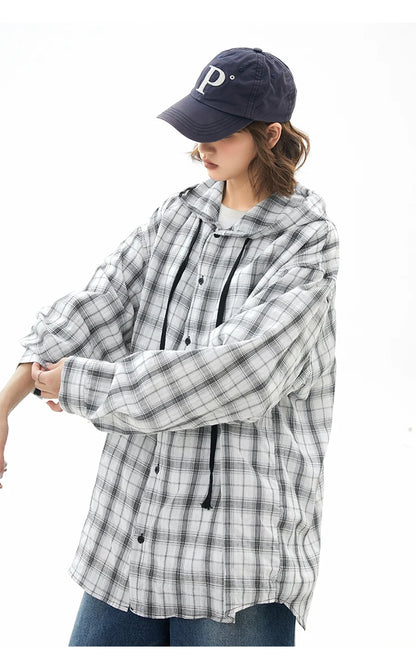 Unisex Oversized Hooded Flannel Style Plaid Mens Shirt Jacket Long Sleeve Button Down Casual Lightweight Jacket for Spring Fall