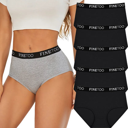 FINETOO 5Pcs Cotton Women Panties High Waist Breathable Soft Ladies Underwear Elastic Waistband Briefs S-XXL Comfortable Briefs