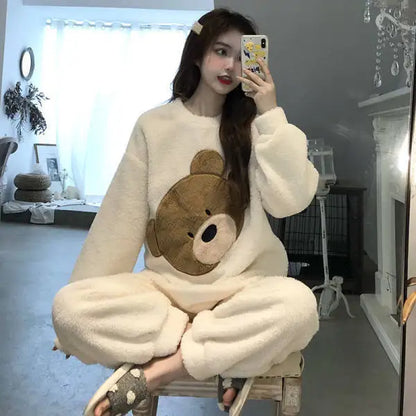 Fleece Thick Warm Women's Pajamas Set Winter Sleepwear Casual Solid Top and Plaid Pants Soft Pijamas Set for Women Home Suit