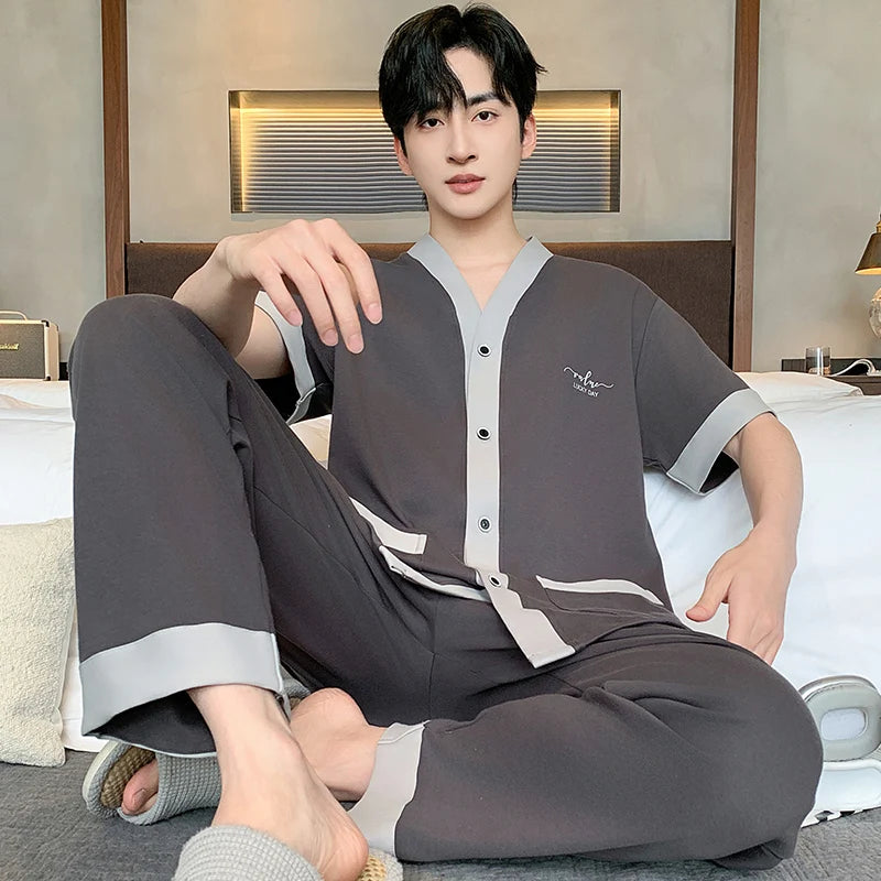 Men's Japanese Kimono Casual Fashion Solid Color Cardigan Loose Summer Short-Sleeved Pajamas with long pants Home Comfort Wear