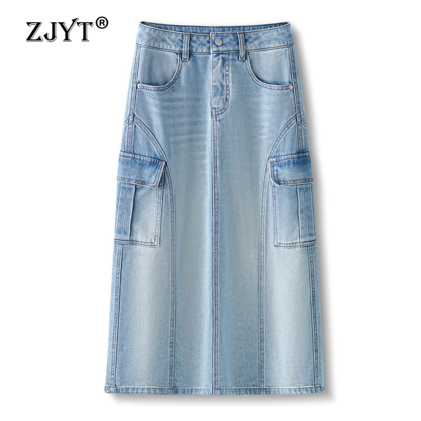 ZJYT High Street Fashion Denim Skirts for Women Summer 2026 New High Waist Casual Blue Midi Skirt Ladies Faldas Female Clothes