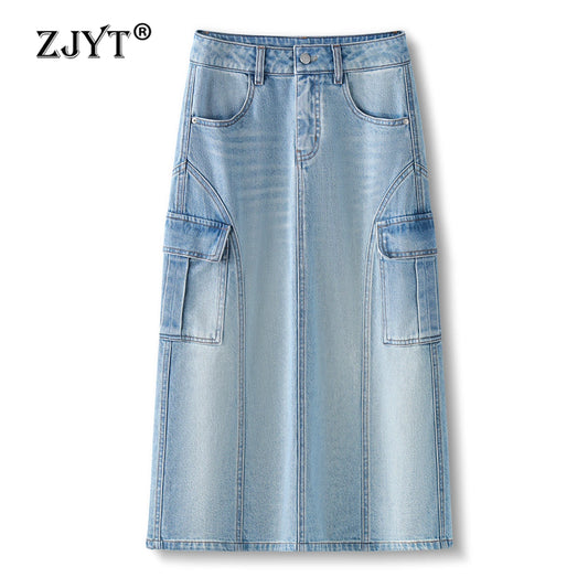 ZJYT High Street Fashion Denim Skirts for Women Summer 2026 New High Waist Casual Blue Midi Skirt Ladies Faldas Female Clothes