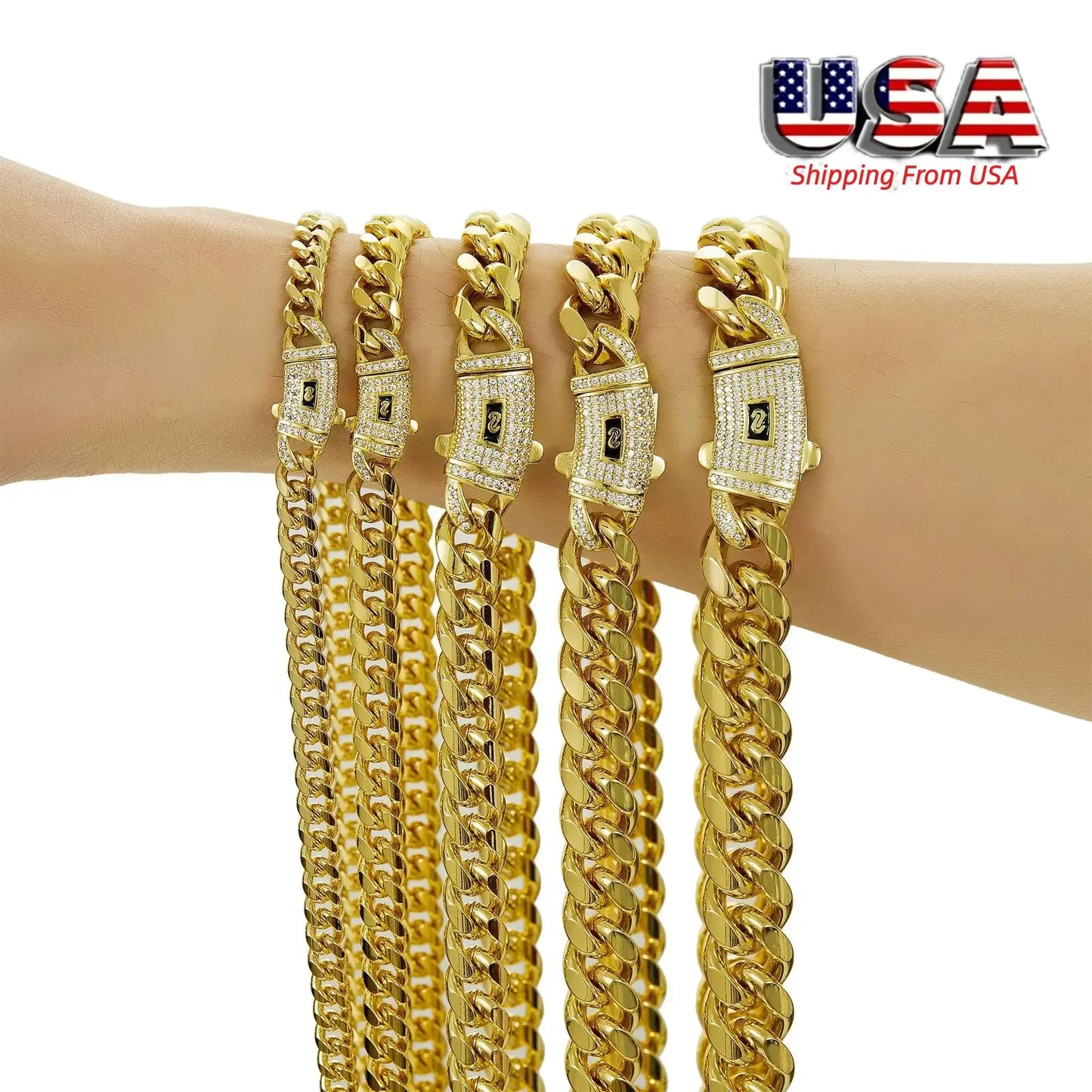 6-14mm Bling Gold Color Stainless Steel Cuban Miami Chains Necklaces CZ Zircon Box Lock Link Chain for Men Hip Hop Rock jewelry