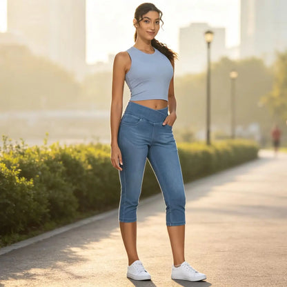 THE GYM PEOPLE Women's Cross Waisted Stretchy Capri Denim Jeggings Tummy Control Skinny Jean Leggings with Pockets