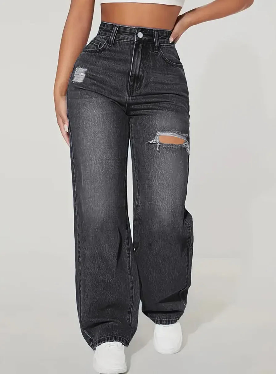 Jeans Women Denim Pant Wide Leg Long Pants Hole High Waist Straight Trousers Y2k Streetwear Work Splice Casual 2026 Punk