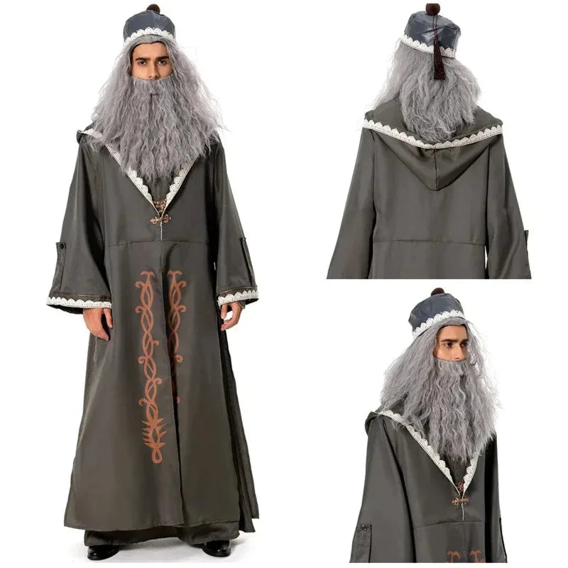 2025 Dumbledore Robe Halloween Cosplay Costume with Hat Wig Full Set for Adult Men