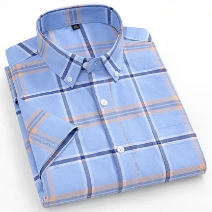 New in Shirt Plus Size 14XL Fashion Summer 100%Cotton Oxford Plaid Short Sleeve Shirt for Man Designer Office Elegant Clothes