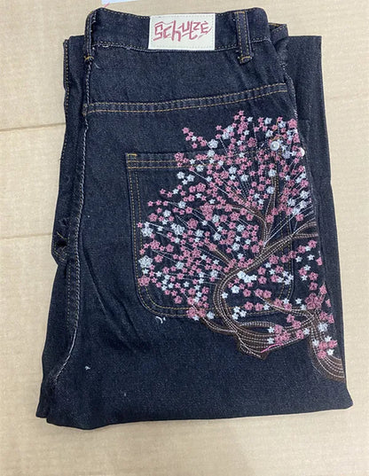 Y2K Vintage Low Waist Hip Hop Cherry Blossom Embroidered Jeans Wide Leg Trousers Clothes Men's Embroidered Baggy Jeans