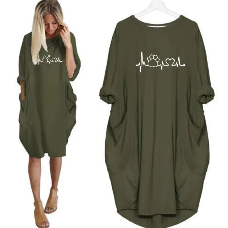Women's Loose  Long Sleeved Summer Plus Size Dress Autumn  Winter Casual Round Neck Solid Color Long Sleeve Pocket Loose Pullove
