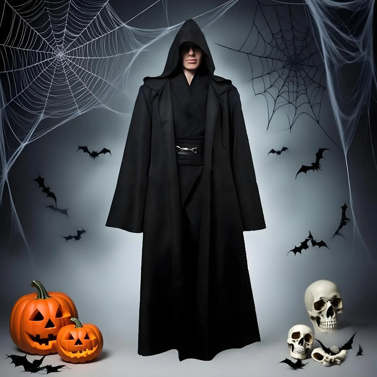 Sorcerer Long Shirt Hooded Black Robe Costume Halloween Cloak Cosplay Costume Wizard Tunic Hooded Robe Adults and Children