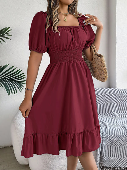 Spring Summer Elegant High Waisted Dress Square Neck Short Sleeved Ruffled Edge Long Dresses 2026 Valentine's Day Woman Clothing