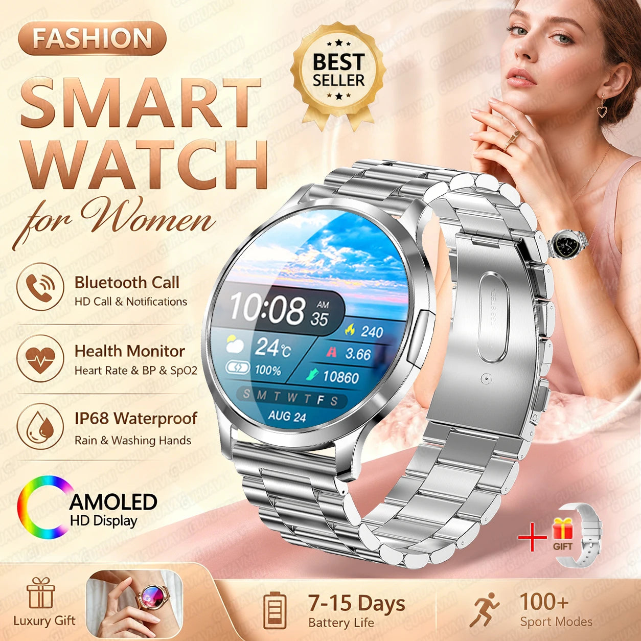 Fashion Women Smart Watch 1.32”AMOLED 100+dials Heart Rate Blood Oxygen Blood Pressure Monitoring Waterproof Give a Gift 2026New