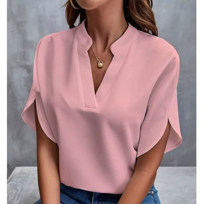 VEITCHE Summer Women Casual Solid Blouse Women Fashion V-neck Half Sleeve Shirts Office Elegant Pullover Loose Blusas Tops