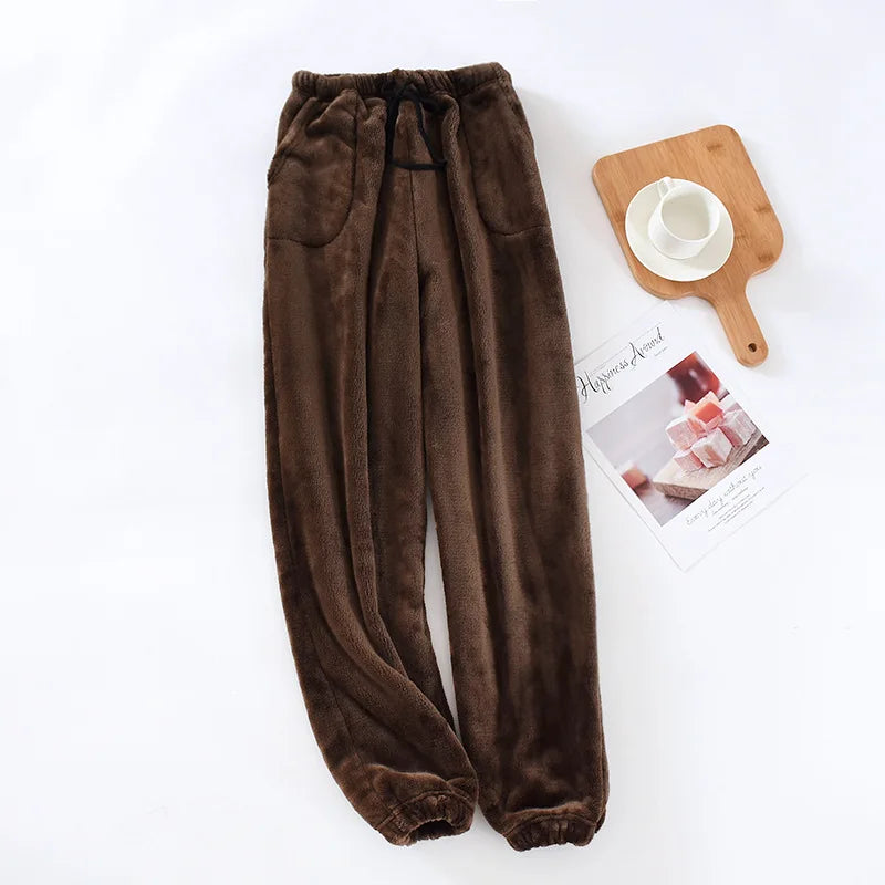 Men Sleep Pants Warm Pants Long Pants Fall Winter Flannel Elastic Cuff Loungewear Pants Loose Fit