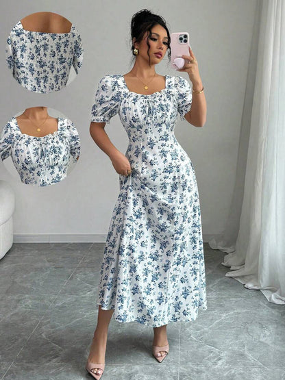 Women's Summer Elegant Casual Puff Sleeve Square Neck White & Blue Floral Print Maxi Dress Luxury Designer dresses