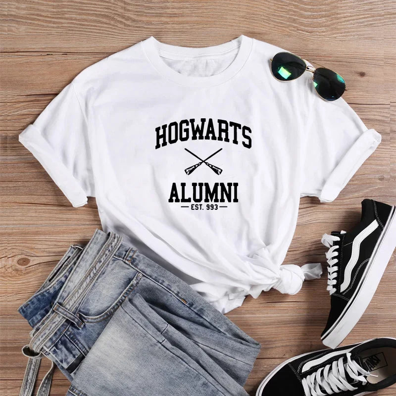 Harajuku Ladies Top Tee Shirt Femme Black White Hogwarts Fashion T-shirt Summer Harajuku Sleeve Casual Aesthetic Clothes