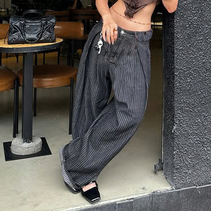 SUCHCUTE Women Striped Relaxed Fit Jeans Retro Low Rise Wide Leg Denim Pants Grunge Loose Trousers 2026 Spring Y2K Clothes 2026