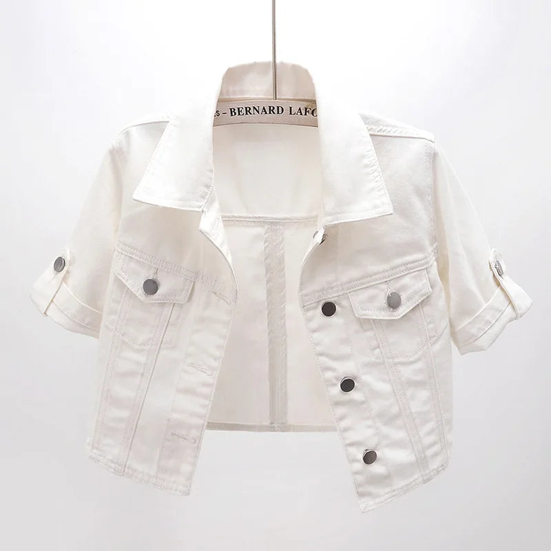Summer White Short Women Denim Jacket Thin Slim Outerwear Half Sleeve Jeans Jackets Female