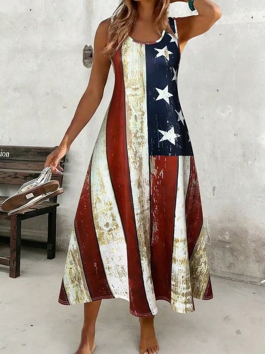 Women's Casual Long Tank Dress With American Flag Print- Round Neck Summer Sundress, Casual Vacation Outfit