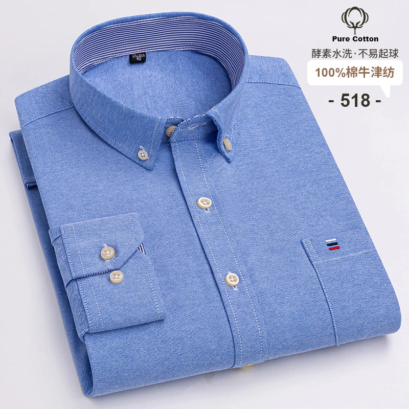 Men's Social Shirts Long Sleeve 100%Pure Cotton Oxford Buttoned Plaid Formal Male Casual Clothes Oversized Shirt Plus Size S-7XL