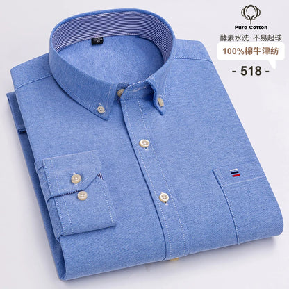 Men's Social Shirts Long Sleeve 100%Pure Cotton Oxford Buttoned Plaid Formal Male Casual Clothes Oversized Shirt Plus Size S-7XL