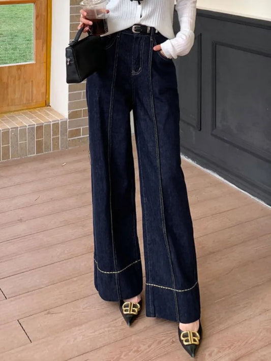 Missuoo 2026 Summer Women's Trendy Wide Leg Jeans Dark Blue High Waist Center Pleated Denim Pants with Contrast Stitching