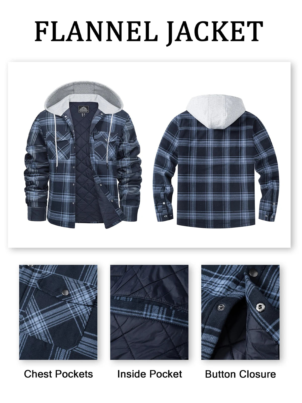 MAGCOMSEN Men's Hooded Flannel Jacket Cotton Autumn Winter Warm Coat Long Sleeve Plaid Shirt