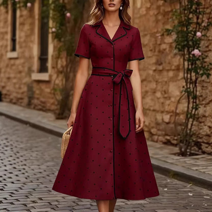 Vintage French Style Polka Dot V Neck Summer Dress Slim Waist Tie Belt Midi A-Line Flared Casual Outfit