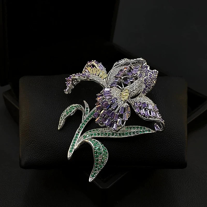 Luxury Handmade Iris Flower Brooch Sparkling Purple Zircon Vintage Lapel Pin Women Suit Coat Wedding Party Daily Jewelry Gift