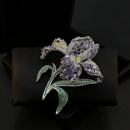 Luxury Handmade Iris Flower Brooch Sparkling Purple Zircon Vintage Lapel Pin Women Suit Coat Wedding Party Daily Jewelry Gift