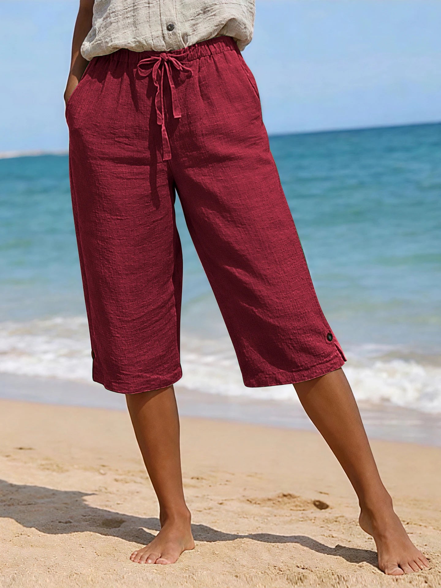 Women's Solid Color Cotton Linen Loose Fit Belted Front & Back Multiple Pockets Capri Pants