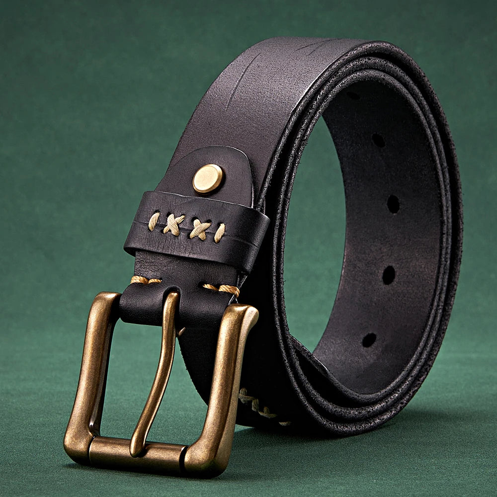 3.8CM Men High Quality Genuine Leather Belt Luxury Designer Brass Pin Buckle Belts Pure Cowskin Vintage Strap Male Jeans for Man