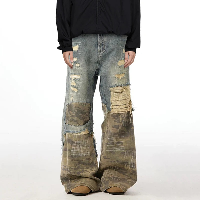 New 2026 High Street Men's Jeans Crewel Embroidery Camouflage Patchwork Hole Design Niche Washing Baggy Male Denim Pants