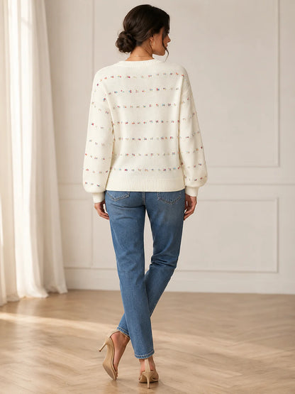 Women Colorful Confetti Dot Knit Sweater, Crew Neck Drop Shoulder Long Balloon Sleeve Loose Casual Pullover Sweater for Fall Winter Daily Streetwear