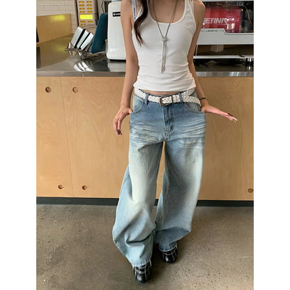 YIBASHU Women Baggy Jean American Retro Denim Blue Pants Y2k Design High Street Wide Fit Cowboy Japanese Harajuku Long Trousers