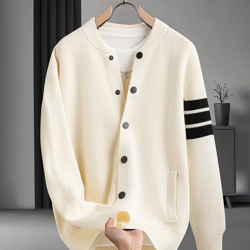 Affordable Luxury Men Long-Sleeved Sweater Jacket Round Neck Real Pocket Single-Breasted Knitwear Classic Trend Men's Clothing