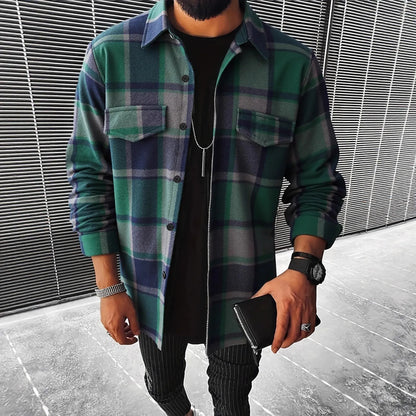 Men's Casual Plaid Shirt Jacket Autumn Winter New Style Flannel Outerwear Loose Fit Male