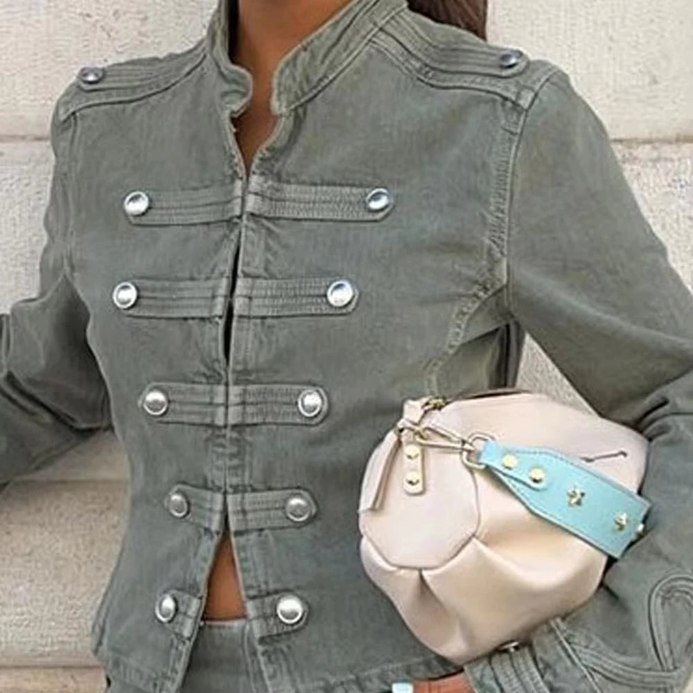 HH Women Fashion Denim Jacket Front Metal Button Decoration Coat Long Sleeve Slim Jacket Elegant Woman High Street Denim Outwear