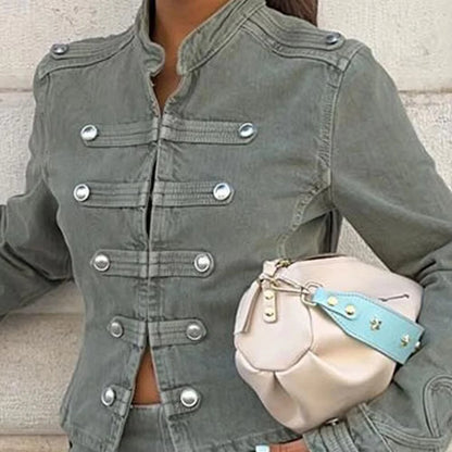 HH Women Fashion Denim Jacket Front Metal Button Decoration Coat Long Sleeve Slim Jacket Elegant Woman High Street Denim Outwear