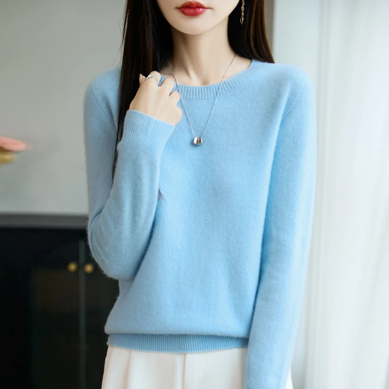Women 100% Merino Wool Sweater New Fashion O-Neck Pullover Tops Basic Jumper Autumn Winter Woman Cashmere Sweater Knitted Blouse